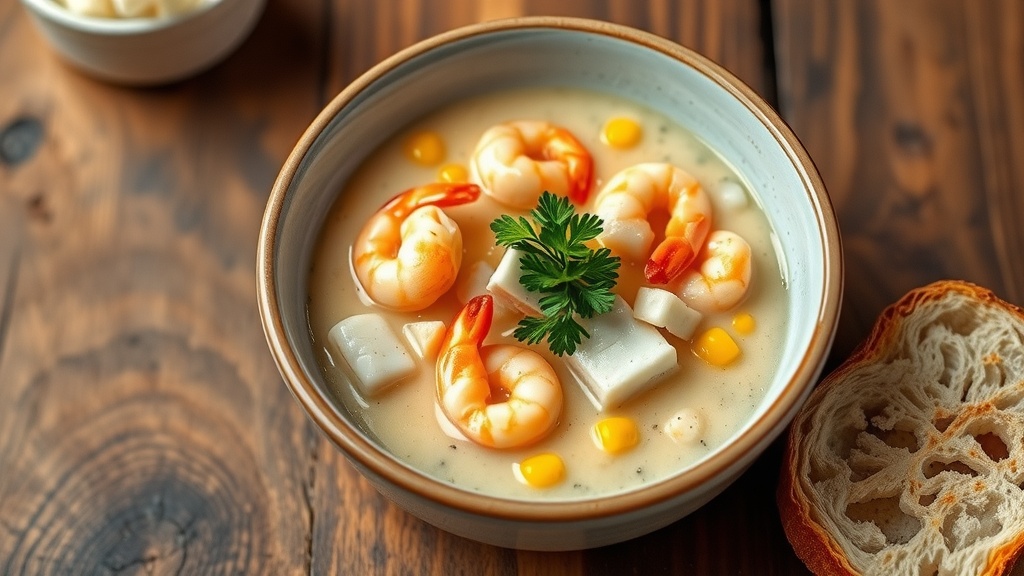 Creamy Seafood Chowder Recipe A bowl of creamy seafood chowder with shrimp, fish, and corn, garnished with parsley, placed next to a slice of bread.